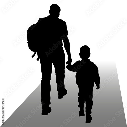 Vector silhouettes of a father with his son walking forward, back view, a man carries a backpack on his shoulder. Boy 4 years old, holding his father's hand.