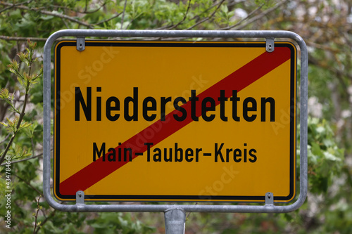 Yellow Traffic Sign with Local Town Names. Niederstetten in Baden-Wurttenberg, Germany. © leomalsam