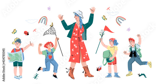 Children with teacher explore nature in a botany or biology lesson in the open air. School children studying nature, cartoon vector illustration isolated. Natural sciences and biology lessons.