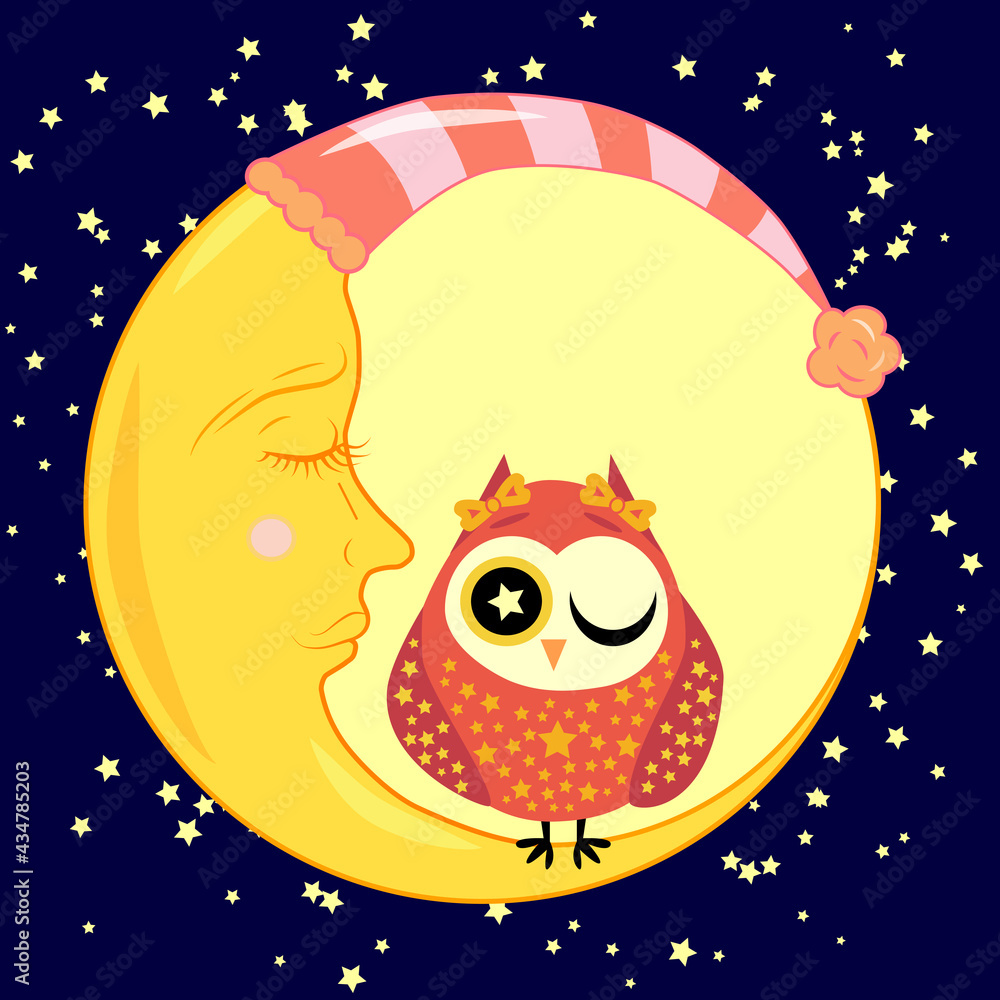 cute cartoon sleeping owl in circles with closed eyes sits on a drowsy crescent among the stars