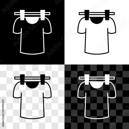 Set Drying clothes icon isolated on black and white, transparent background. Clean shirt. Wash clothes on a rope with clothespins. Clothing care and tidiness. Vector