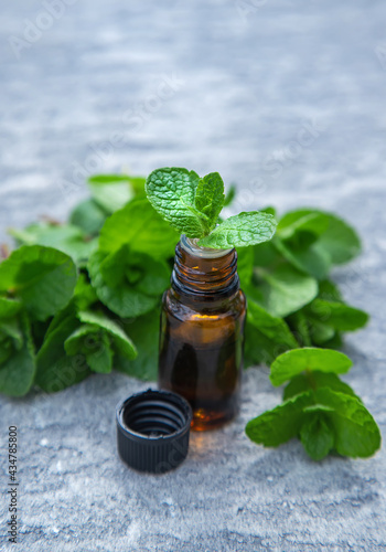 Peppermint essential oil in a small bottle. Selective focus.