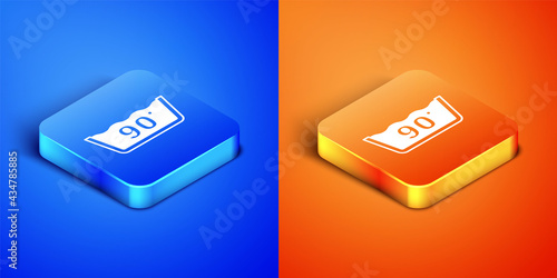 Isometric Washing under 90 degrees celsius icon isolated on blue and orange background. Temperature wash. Square button. Vector