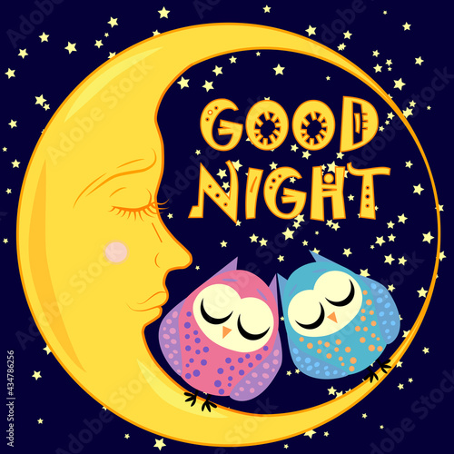 Good night. A postcard with a dozing crescent, two lovely cartoon owls and text.