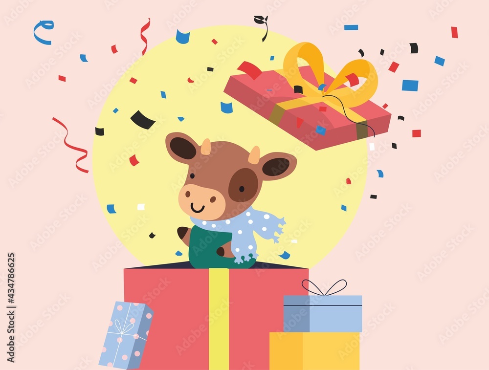 Naklejka premium Cute bull symbol of the year jumps out of the gift box
