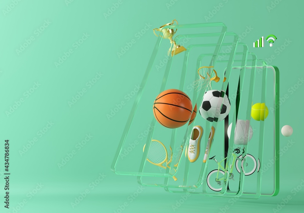 sport live online from a smartphone. sport competition program. game  application. white screen mobile. sport online game. golf football  volleyball tennis object. background copy space. 3d rendering. Stock  Illustration | Adobe Stock