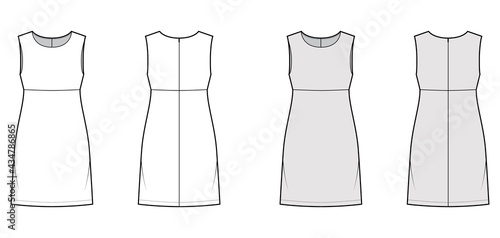 Dress empire line technical fashion illustration with sleeveless, oversized body, knee length A-line skirt. Flat apparel front, back, white, grey color style. Women, men unisex CAD mockup
