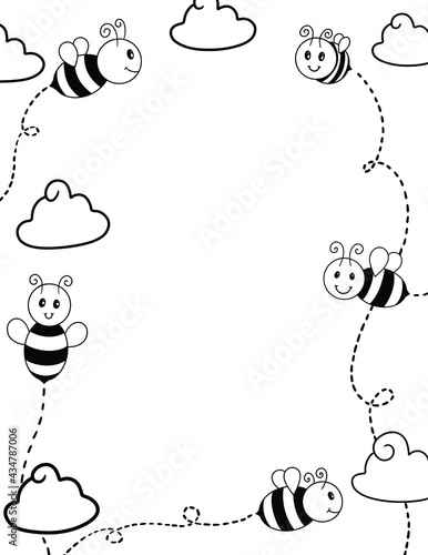 Cute LIttle Bumblebees Flying in a Border with Copy Space