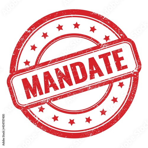 MANDATE text on red grungy vintage round stamp.
