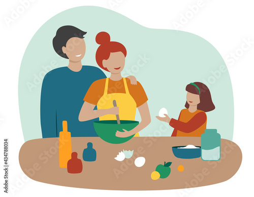 The family cooks together in the kitchen. Happy husband, wife and daughter are preparing meal food. Smiling people cooking at home. Parents cook with children. Isolated on a white background. Vector.