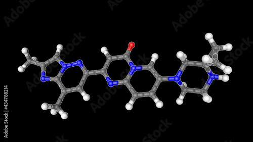 Fototapeta Naklejka Na Ścianę i Meble -  Risdiplam drug molecule, 3D illustration. A medication used to treat spinal muscular atrophy