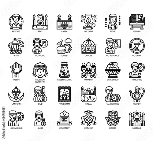 Photography Set of Ramadan thin line and pixel perfect icons for any web and app project