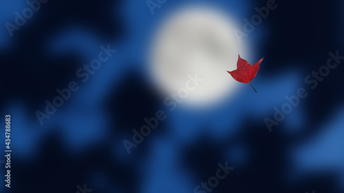 Maple leaf silhouette is falling with blur full moon in background 