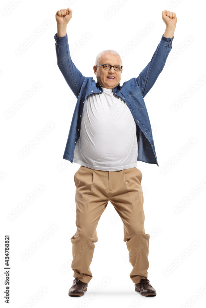 Full length portrait of a cheeful mature man gesturing happiness Full length portrait of a cheeful mature man gesturing happiness