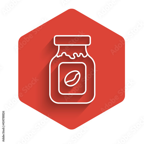 White line Coffee jar bottle icon isolated with long shadow background. Red hexagon button. Vector
