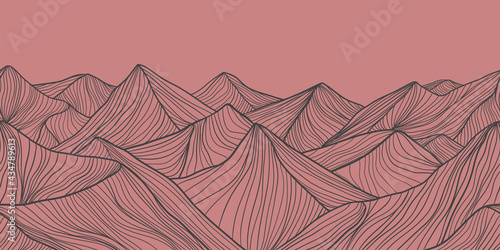 Pink and grey outline rock mountain tops header landscape seamless pattern 