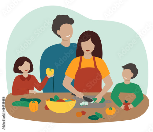 Dad, mom, daughter and son are cooking together in the kitchen. Happy parents and children prepare healthy meals. Big friendly family. Fresh vegetables and fruits on the table. Vector flat style. 