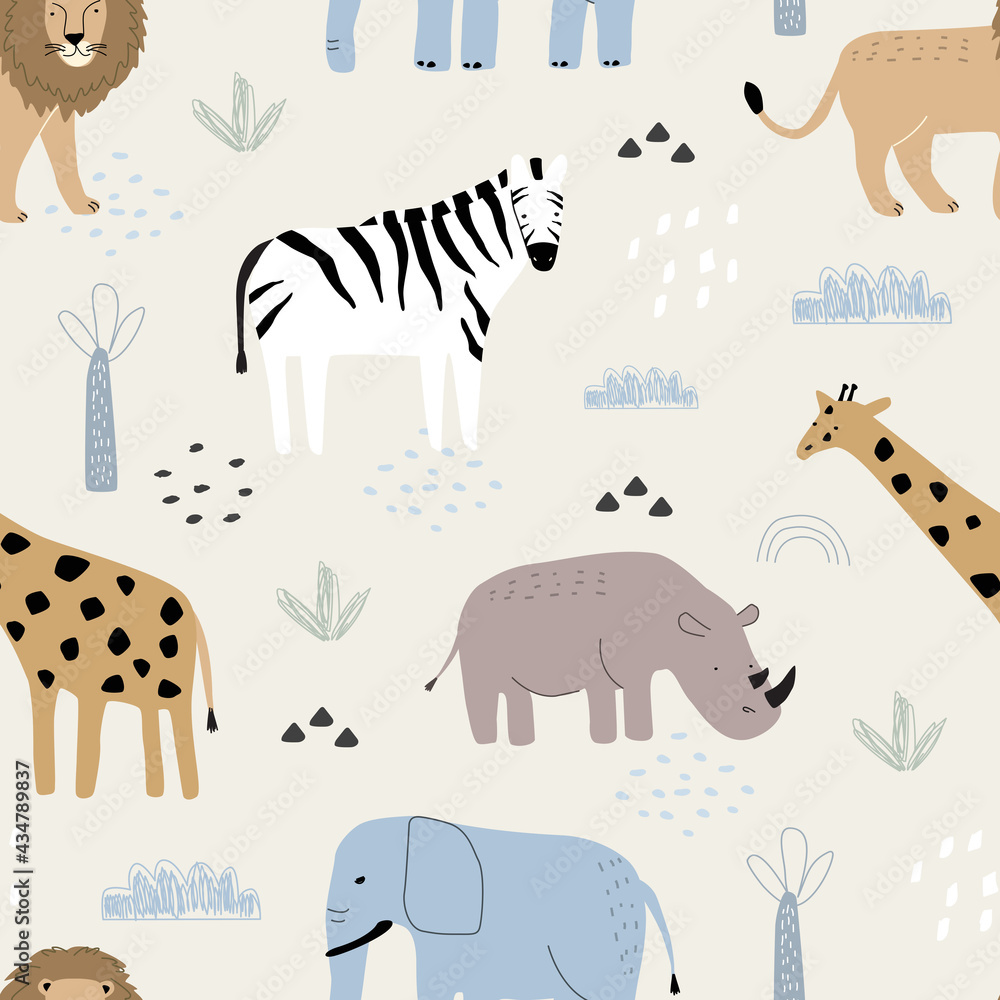 Fototapeta premium Seamless pattern with cute animals giraffe, lion, elephant, zebra and rhino, palm trees and clouds on a white background. Vector illustration for printing on fabric, packaging paper, postcard, poster