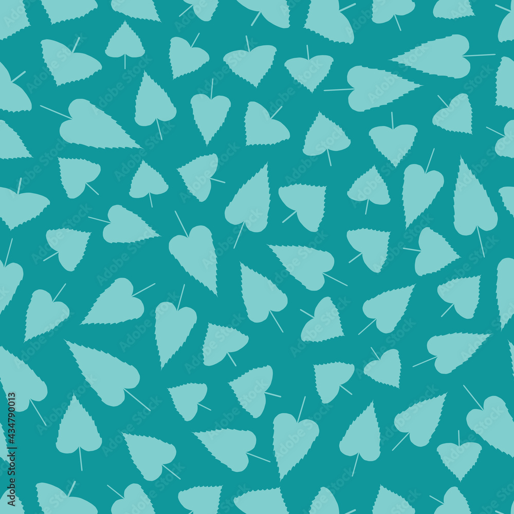 Seamless pattern with light green serrate cordate leaves on a green background. Vector, eps 10. Seamless pattern with light green serrate cordate leaves on a green background. Vector, eps 10.
