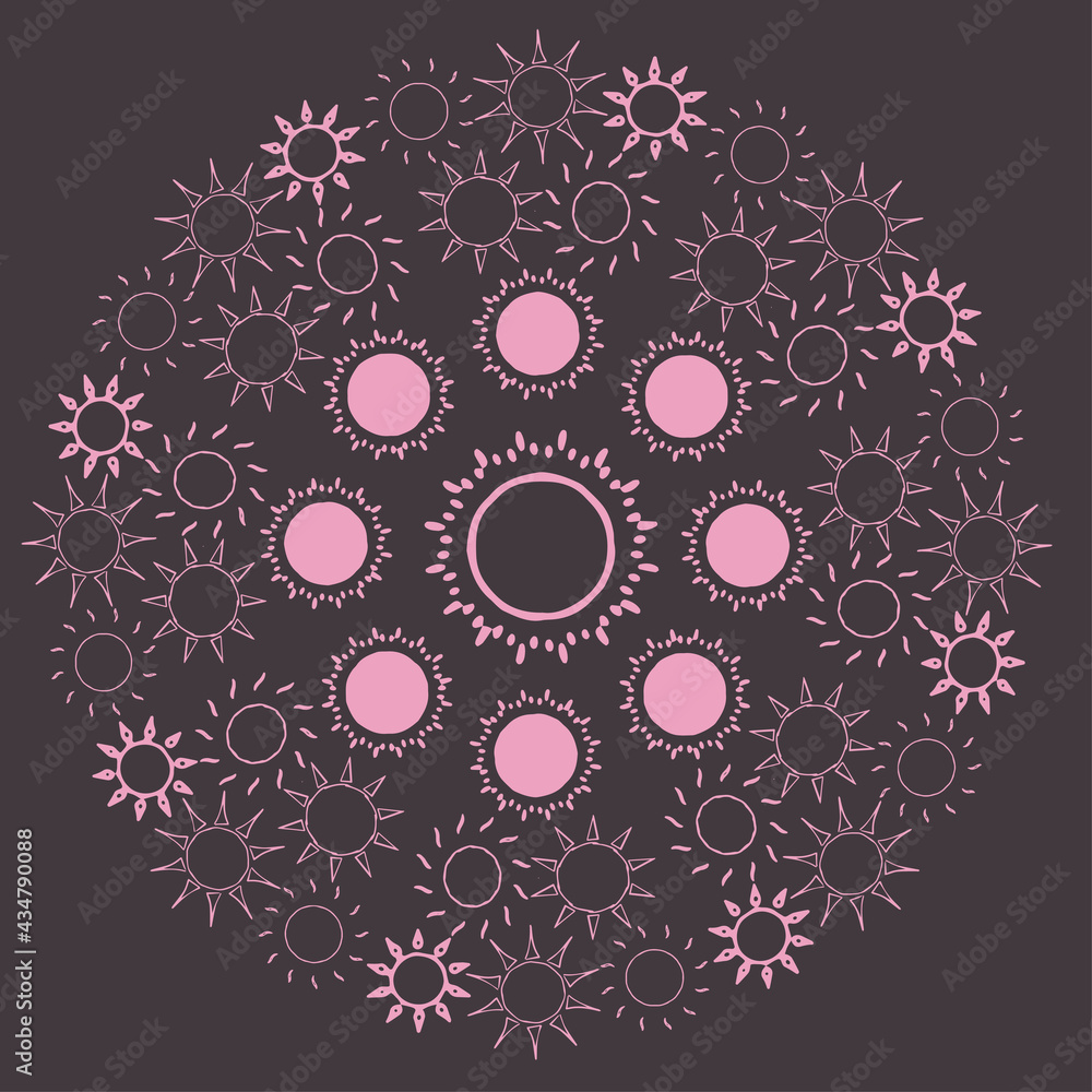 Round abstract ornament with rose suns on a dark background. Vector