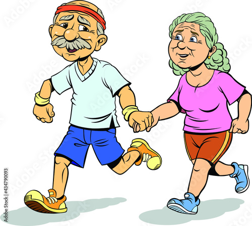 Mature couple jogging and running outdoors.
Color vector illustration of Senior couple jogging and running outdoors.