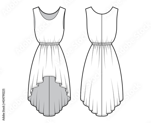 Dress high-low technical fashion illustration with sleeveless, oversized body, natural elastic waistline, circular skirt. Flat apparel front, back, white color style. Women, men unisex CAD mockup