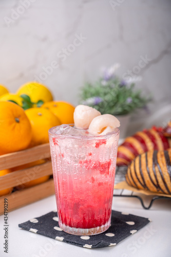 Raspberry Lychee Italian soda ready to serve for refreshing. use for decorated cafe, restaurant and et cetera.