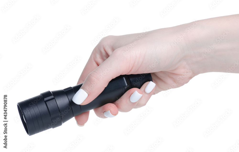 flashlight electric lamp in hand on white background isolation flashlight electric lamp in hand on white background isolation