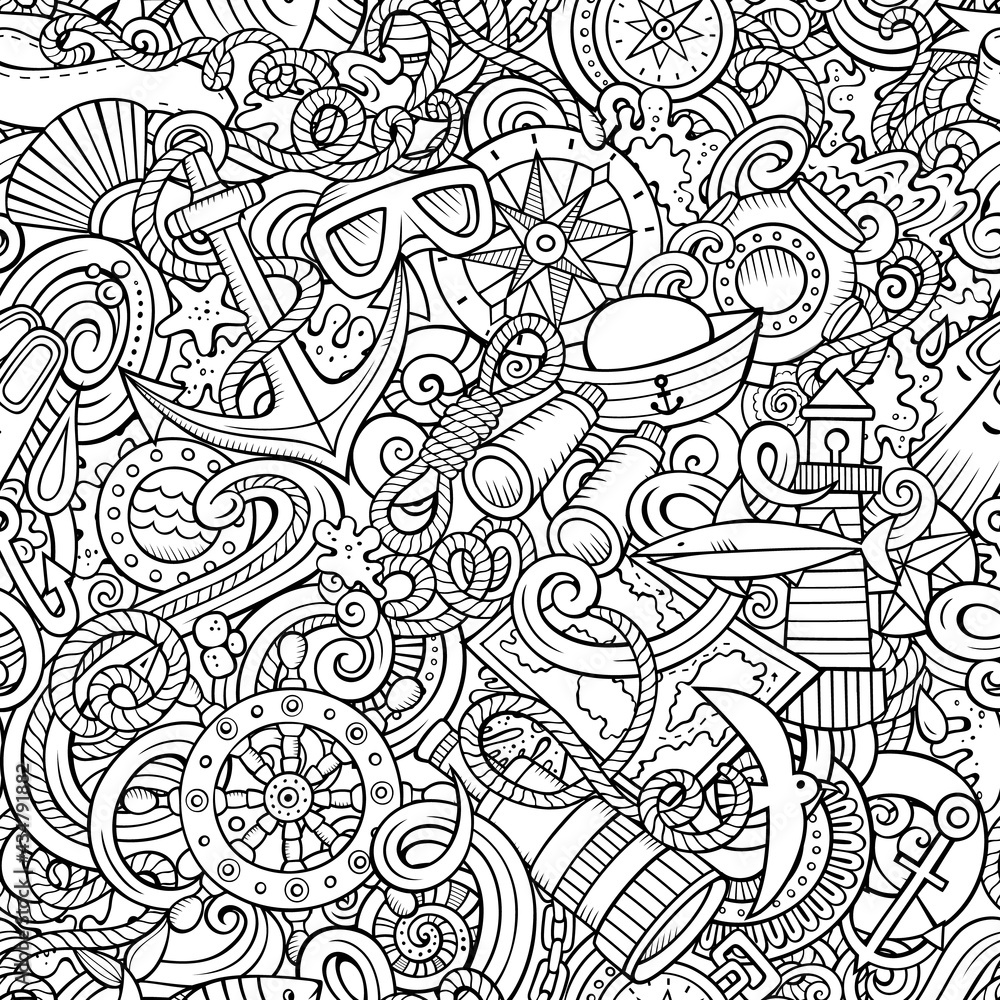 Cartoon doodles Nautical seamless pattern. Cartoon doodles Nautical seamless pattern.