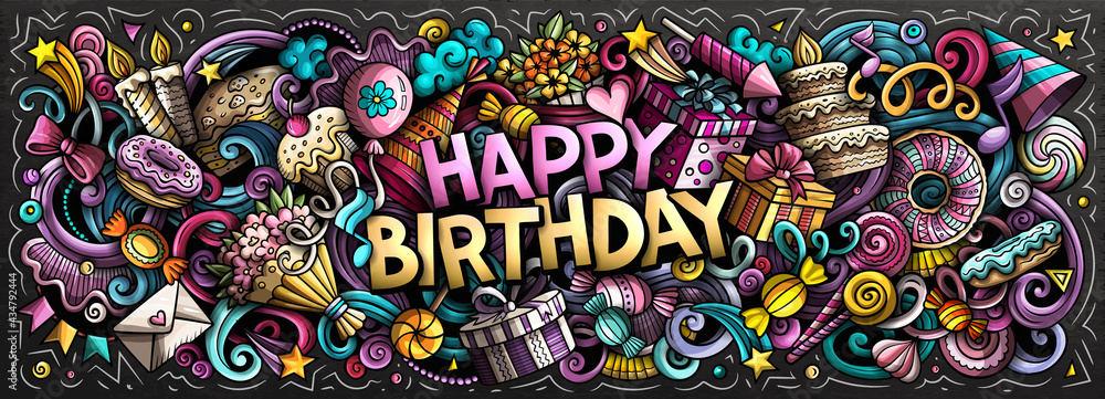 Fototapeta premium Happy Birthday hand drawn cartoon doodle illustration. Funny holiday design.