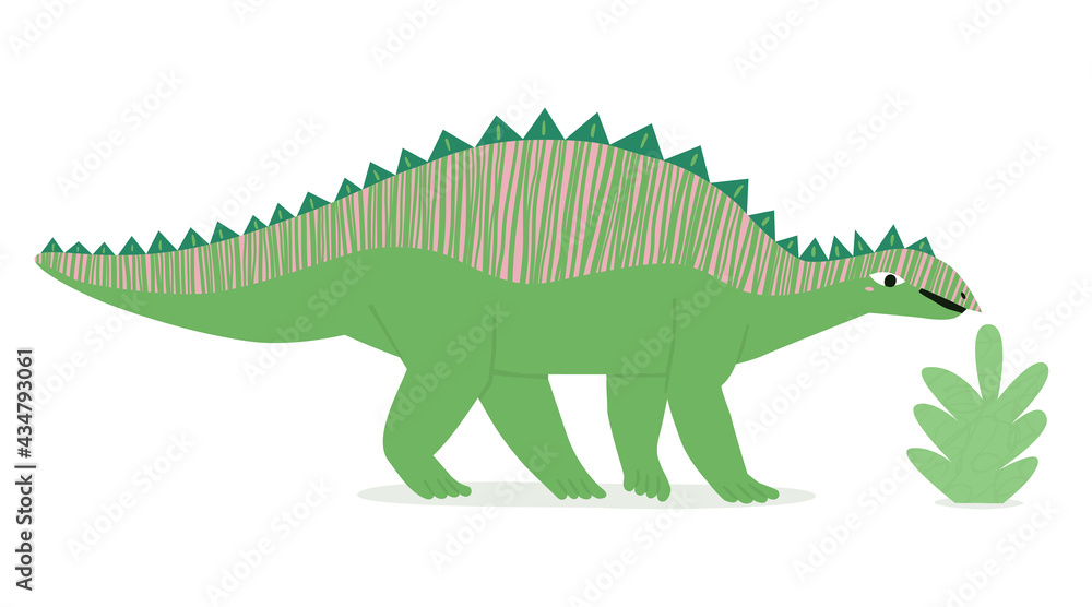 Fototapeta premium Cute cartoon dinosaur character and a bush. Cheerful flat hand drawn childish jurassic reptile animal. Kids green dino poster print art design. Funny wildlife silvisaurus monster vector illustration