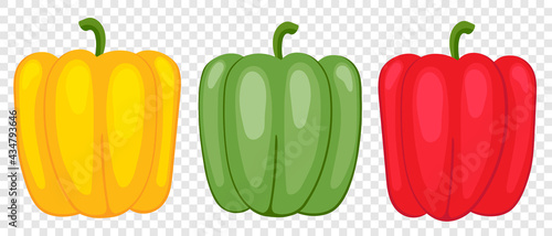 Sweet pepper green, yellow and red, drawn by cartoon vector, three vegetables for vegetarian food. Illustration in flat childish style.