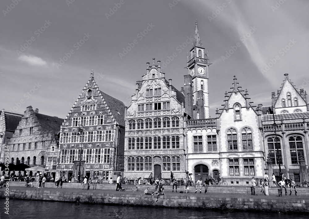 Group of Stunning Architectures of Historic Center of Ghent, Belgium in Monochrome