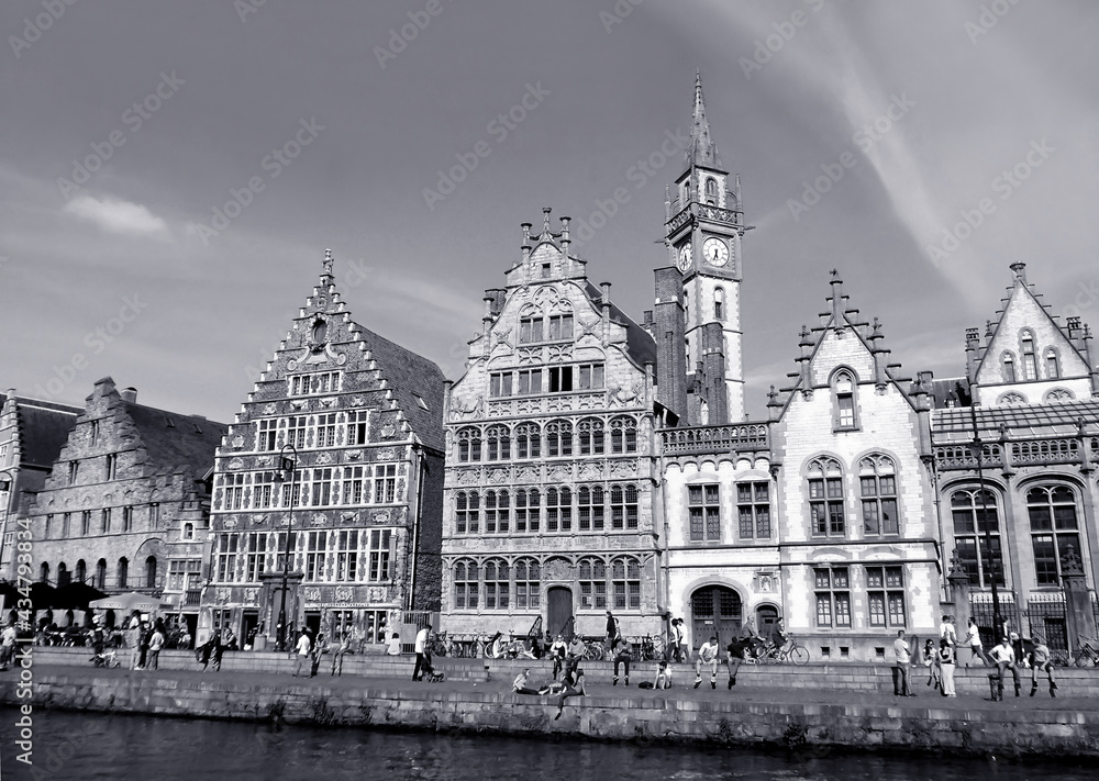 Fototapeta premium Group of Stunning Architectures of Historic Center of Ghent, Belgium in Monochrome