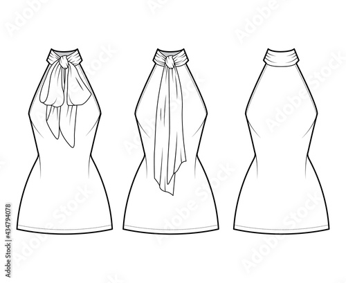 Dress neck bow technical fashion illustration with high halter neckline, sleeveless, fitted body, mini length pencil skirt. Flat apparel front, back, white color style. Women, men unisex CAD mockup