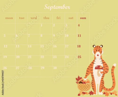 Multicolored planner for September 2022 featuring a cute tiger with a basket picking mushrooms. Page with calendar for September 2022 and place to take notes. Vector illustration