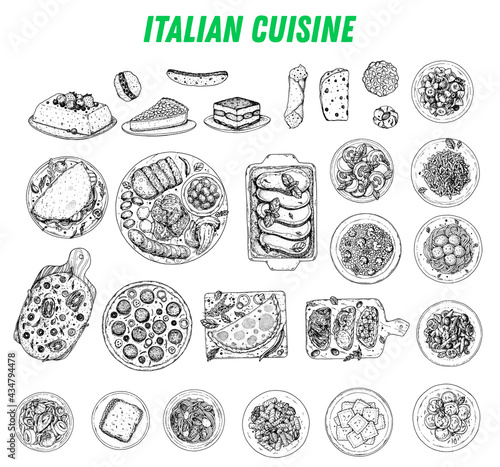 Italian Cuisine. Top view. Sketch illustration. Italian food. Design template. Hand drawn illustration. Black and white. Engraved style. Pasta and pizza, antipasto. Authentic dishes.