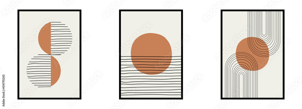 Fototapeta premium Abstract sun moon posters set. Modern minimalistic boho style backgrounds. Wall decor. Vector illustration