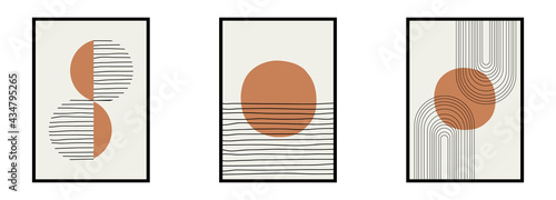 Abstract sun moon posters set. Modern minimalistic boho style backgrounds. Wall decor. Vector illustration
