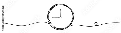 Continuous one line drawing clock icon with doodle handdrawn style. Self drawing. Vector illustration on white background. photo