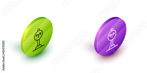 Isometric line Fork in the road icon isolated on white background. Green and purple circle buttons. Vector