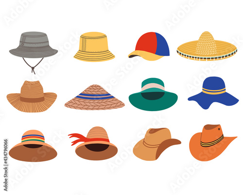 A set of summer women's hats. Summer and spring hats. Vector Flat Illustration