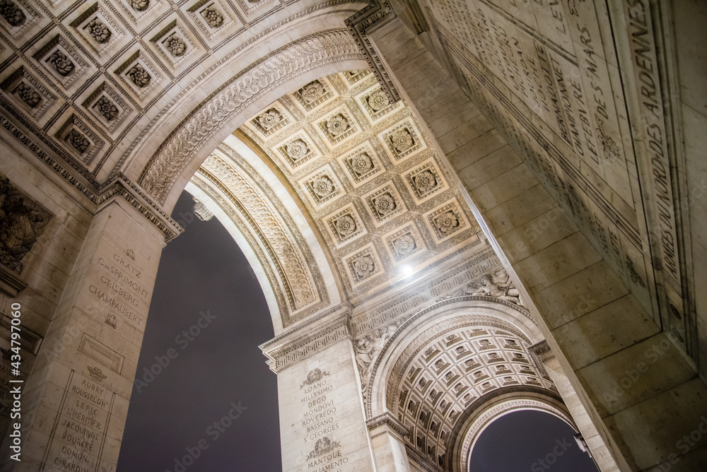Paris, France - February 3, 2017: World famous Arc de Triomphe at the city center of Paris, France. Under arch view