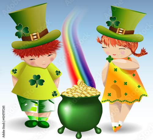 A red-haired boy and a red-haired girl in green clothes and green forts to St. Patrick's Day with maple leaves and a bowler hat, filled with gold coins that pour from the rainbow.