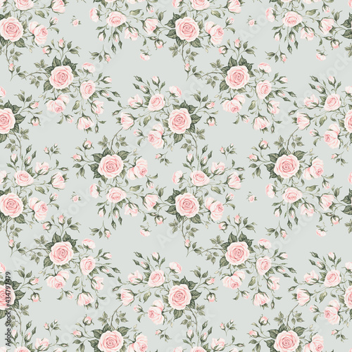 Seamless floral pattern drawn by paints on paper blooming branches of roses 