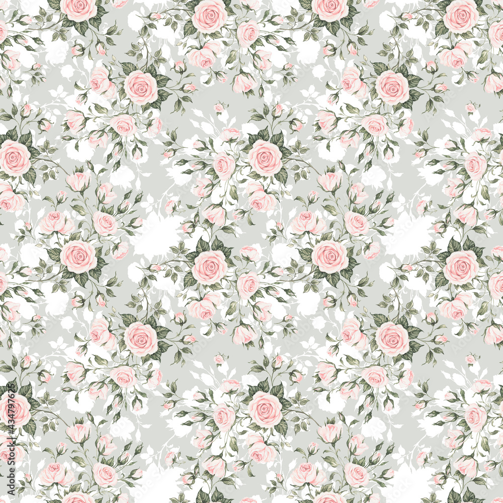 Fototapeta Seamless floral pattern drawn by paints on paper blooming branches of roses 