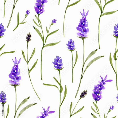 seamless floral pattern with delicate branches of lilac lavender on a white background  watercolor illustration hand painted