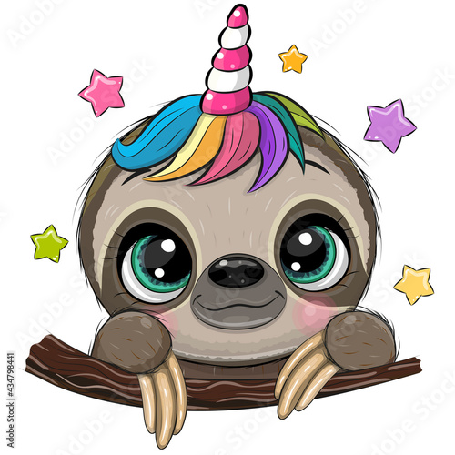 Cartoon Sloth with Unicorn Horn a white background