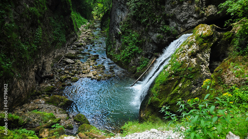 Galbena Waterfall flowing down a steep cliff through green moss. This is the entrance into Galbena Gorges, a narrow rocky canyon in Apuseni Mountains. Carpathia, Romania. photo