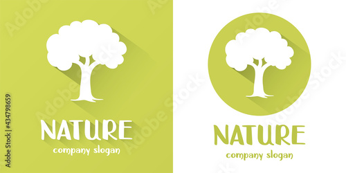 Collection of brand logo in shape of a tree. Green and white color. Round shape. Colored background. Modern design.Vector print illustration. 